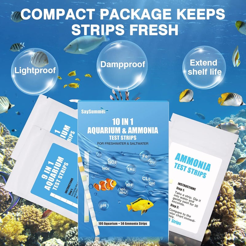 SaySummer 10 in 1 Ammonia Test Kit for Aquarium, 150ct Aquarium Ammonia Test Strips Freshwater Saltwater, Fish Tank Aquarium Test Strips Kit - Testing Ammonia and 9 More ! - Image 3